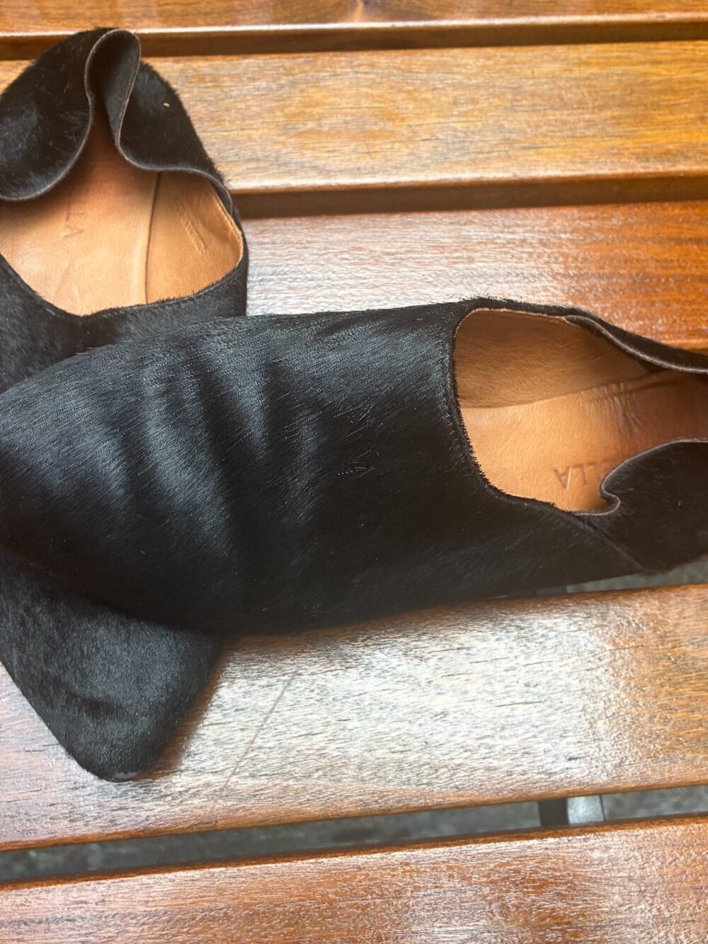 Sevilla Smith Black Calf Hair Leather Pointed Toe Babouche Slip-On Flats